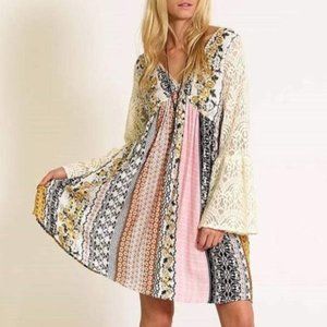 Kori Boho Patchwork Lace Bell Sleeve Swing Dress
